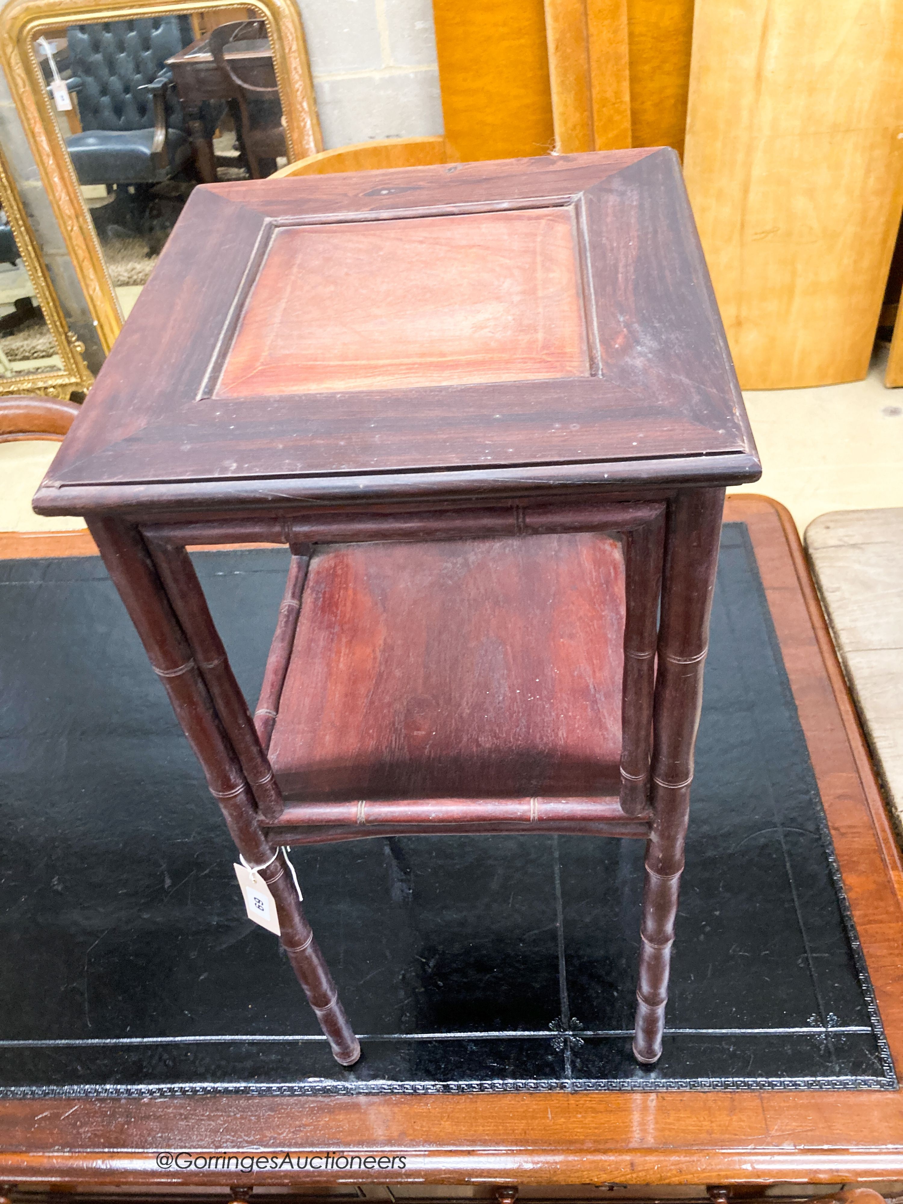 A Chinese rosewood and faux bamboo table, W.37cm D.37cm H.80cm